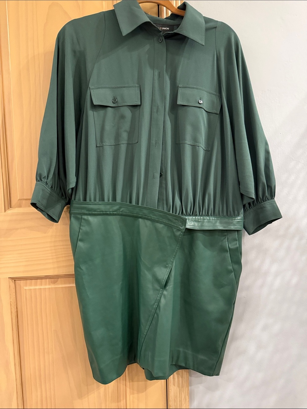 Gabrielle Union Green Faux Leather Trim Shirt Dress L